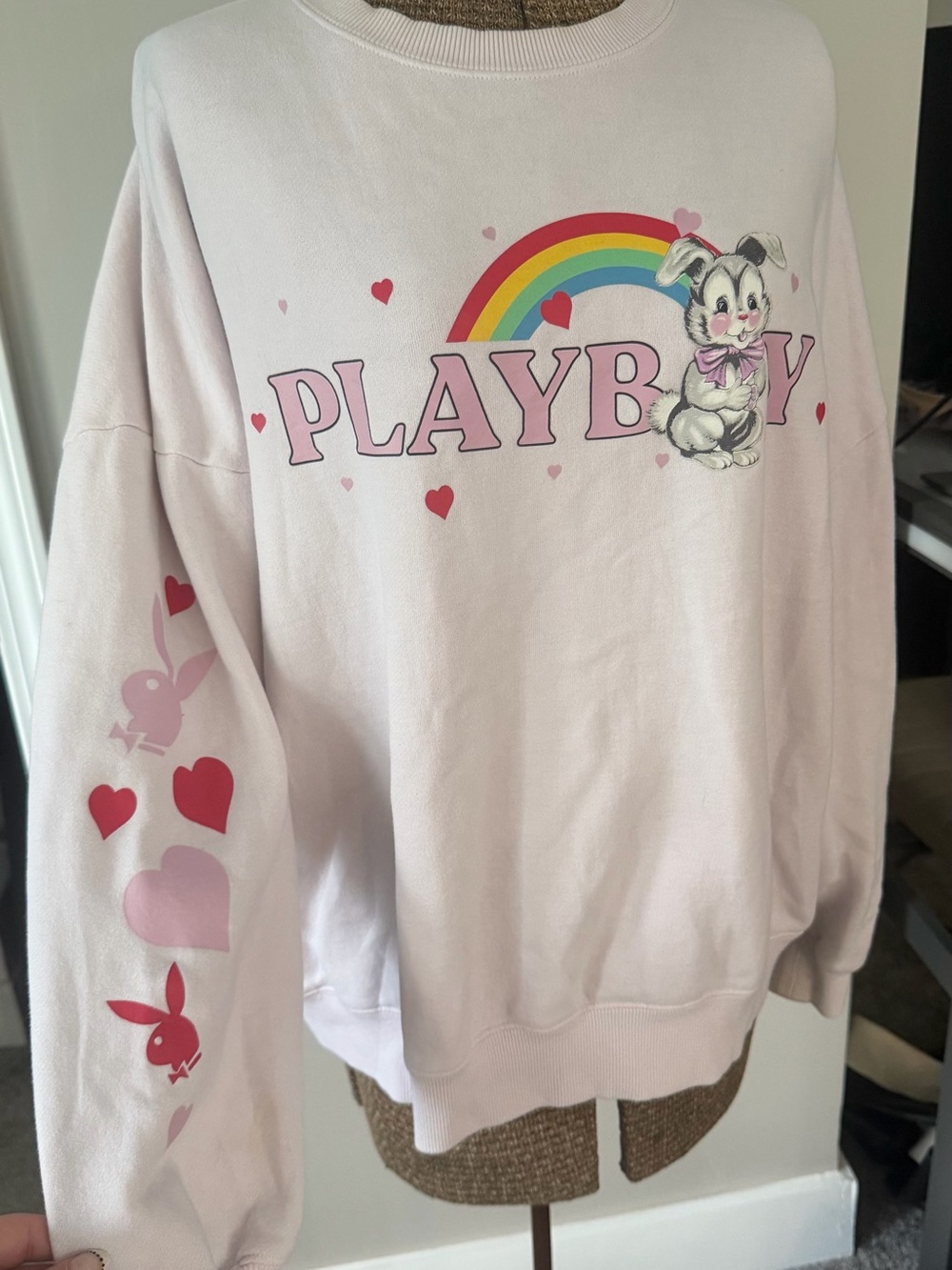 PLAYBOY by Pacsun Light Pink Rainbow Bunny Crewneck Sweatshirt, One Size - Picture 2 of 3